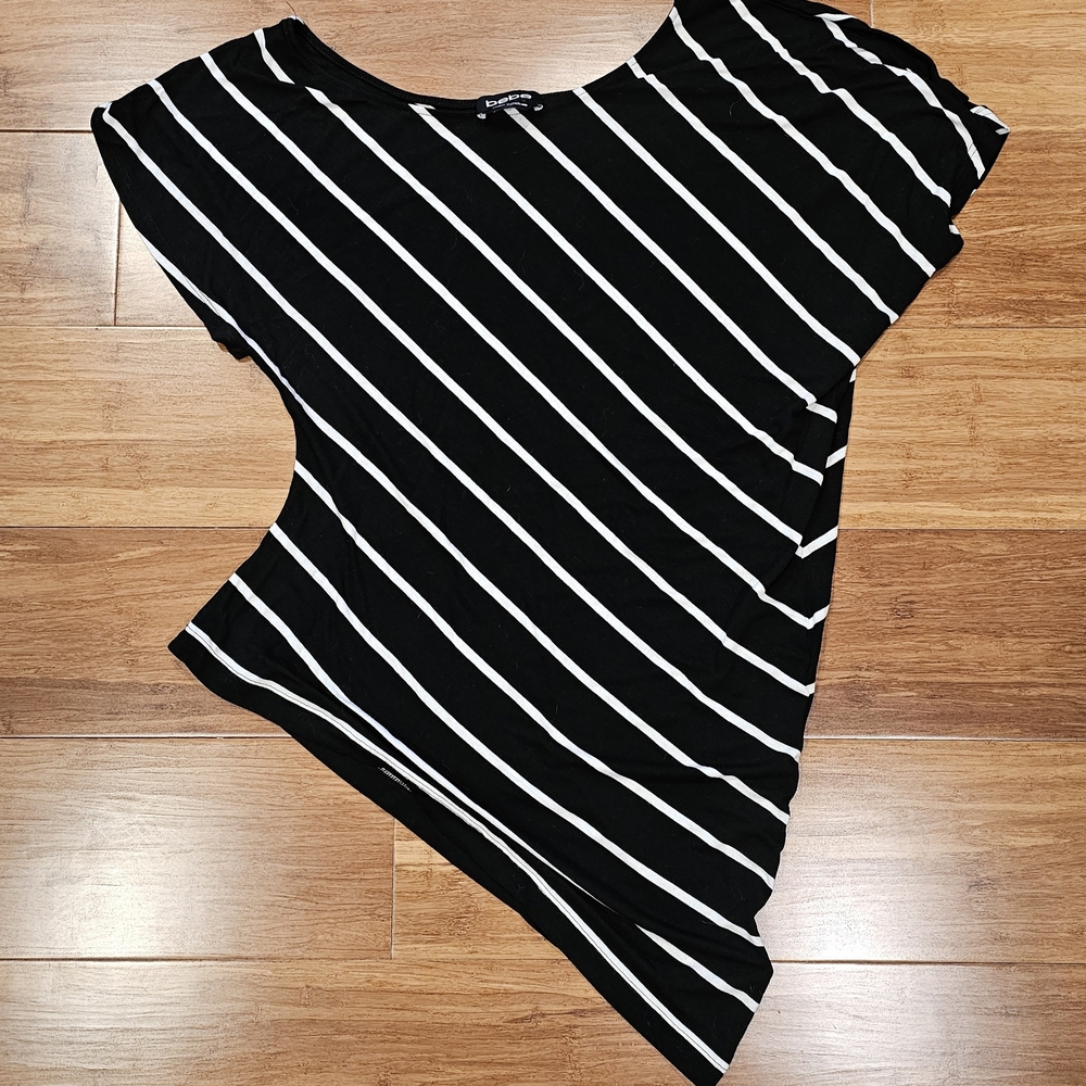 Bebe Black and White Striped Short Sleeve Off Shoulder Top